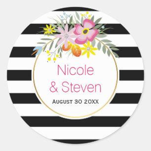 Black white stripes & pink flowers modern wedding classic round sticker