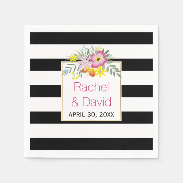 Black, white stripes pink folklore flowers wedding napkin (Front)