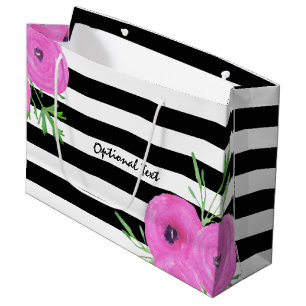 Black White Stripes Pink Ranunculus Floral Pattern Large Gift Bag