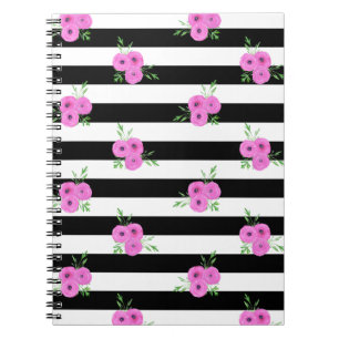 Black White Stripes Pink Ranunculus Floral Pattern Notebook