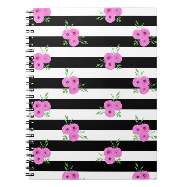 Black White Stripes Pink Ranunculus Floral Pattern Notebook (Front)