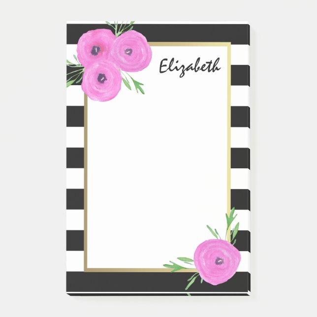 Black White Stripes Pink Ranunculus Floral Post-it Notes (Front)