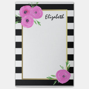Black White Stripes Pink Ranunculus Floral Post-it Notes