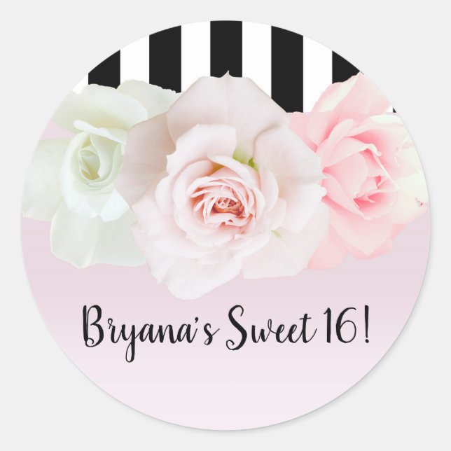 Black & White Stripes Pink Roses Bridal Shower Classic Round Sticker (Front)