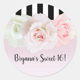 Black & White Stripes Pink Roses Bridal Shower Classic Round Sticker