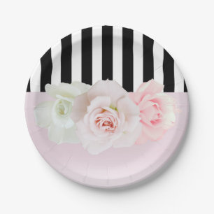 Black & White Stripes Pink Roses Bridal Shower Paper Plate