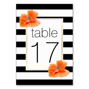 Black white stripes & poppies wedding table number