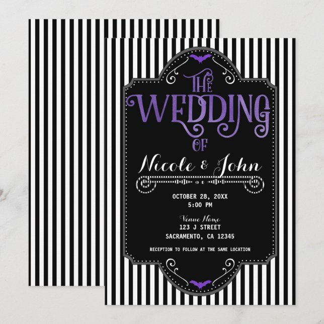 Black White Stripes Purple Gothic Bat Wedding Invitation (Front/Back)