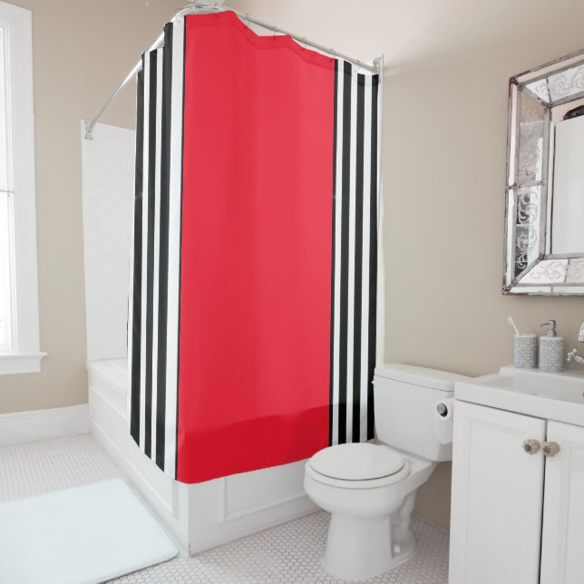 Black White Stripes Red Band  Shower Curtain (In Situ)