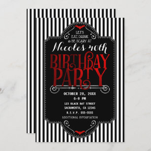 Black White Stripes Red Gothic Bat Birthday Party Invitation