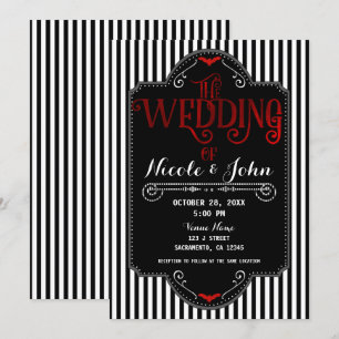 Black White Stripes Red Gothic Bat Wedding Invitation