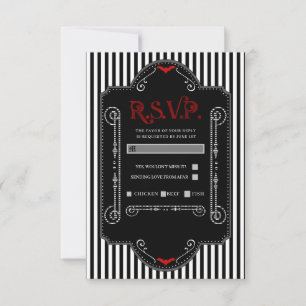 Black White Stripes Red Gothic Bat Wedding RSVP Card