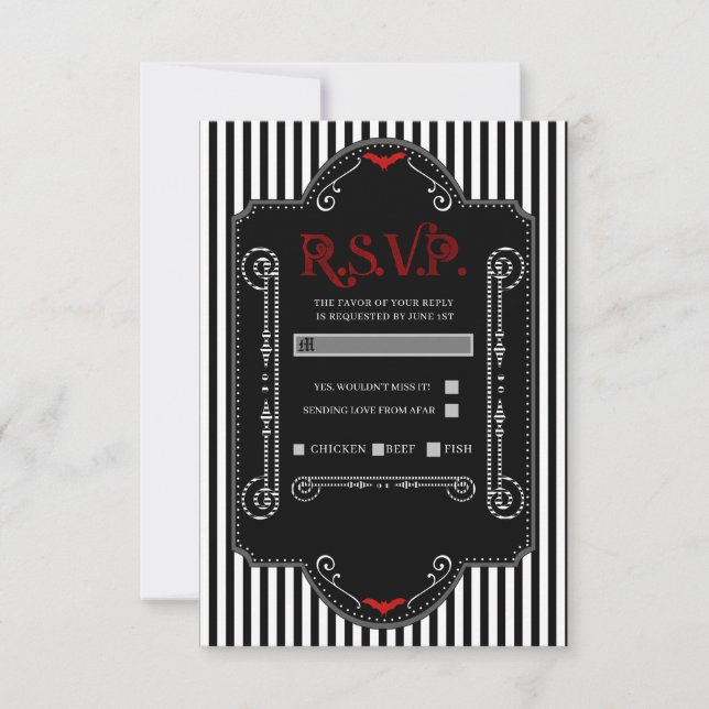 Black White Stripes Red Gothic Bat Wedding RSVP Card (Front)