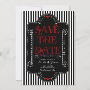 Black White Stripes Red Gothic Bat Wedding Save The Date