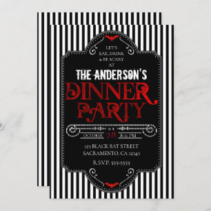 Black White Stripes Red Gothic Dinner Party Invitation