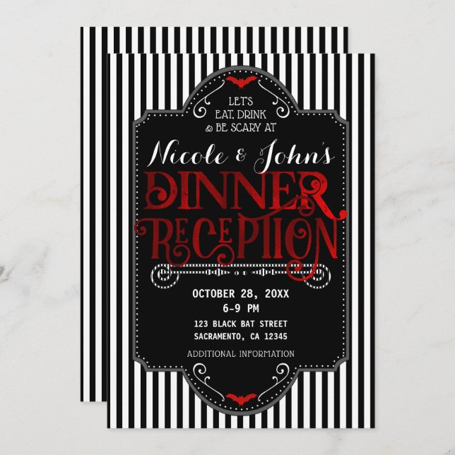 Black White Stripes Red Gothic Dinner Reception Invitation (Front/Back)