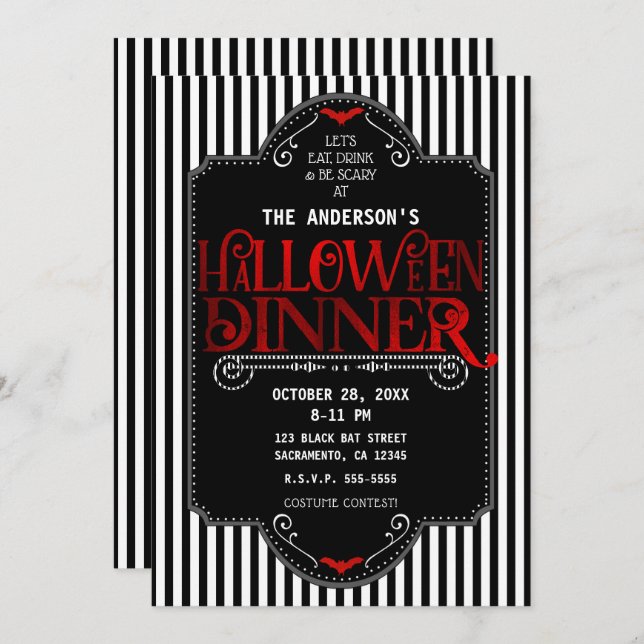 Black White Stripes Red Gothic Halloween Dinner Invitation (Front/Back)