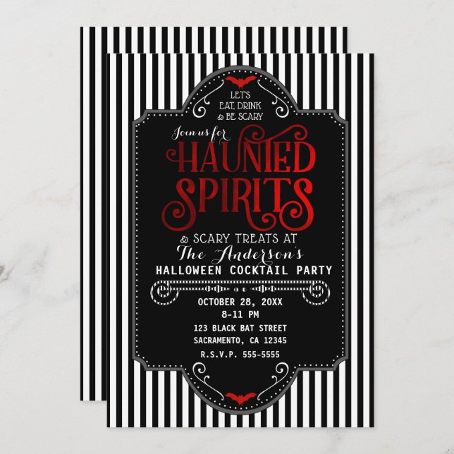 Black White Stripes Red Haunted Spirits Cocktail Invitation (Front/Back)