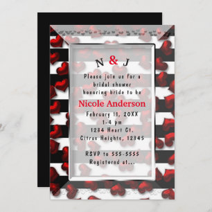 Black White Stripes & Red Hearts Bridal Shower Invitation