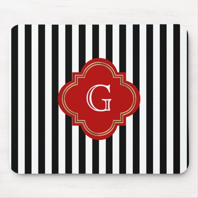 Black White Stripes, Red Label Monogram Mouse Pad (Front)