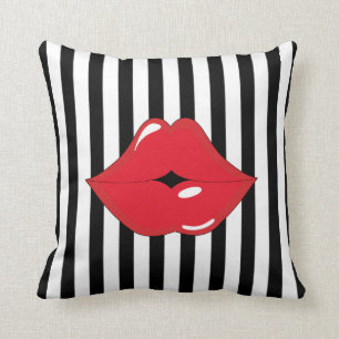 Black & White Stripes Red Lips Throw Pillow