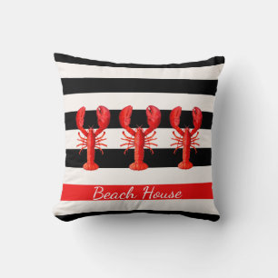 Black white stripes red lobsters cushion