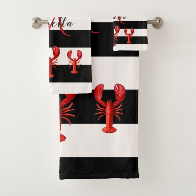 Black white stripes red lobsters monogram bath towel set (Insitu)