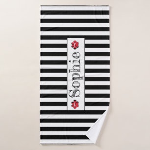 Black White Stripes Red Personalised Dog Cat Pet  Bath Towel