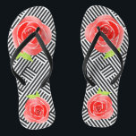 Black White Stripes Red Roses Thongs<br><div class="desc">FLIP FLOPS for WOMEN or MEN with a custom design of red roses on a background of boxed black and white diagonal stripes. Fun for every day or wear to a Derby Day party,  bridal shower or fun for bridal party gift. MATCHING items in our store.</div>