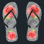 Black White Stripes Red Roses Thongs<br><div class="desc">FLIP FLOPS for WOMEN or MEN with a custom design of red roses on a background of boxed black and white diagonal stripes. Fun for every day or wear to a Derby Day party,  bridal shower or fun for bridal party gift. MATCHING items in our store.</div>