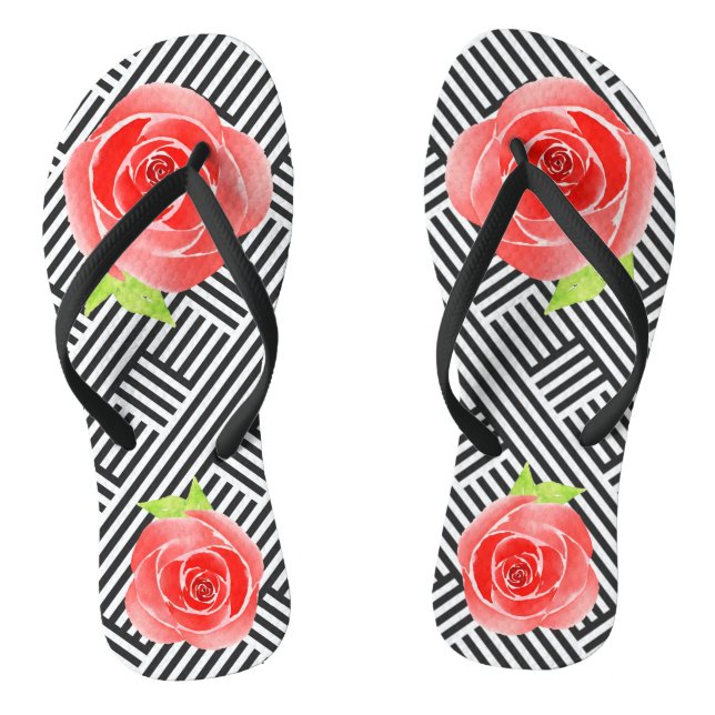 Black White Stripes Red Roses Thongs (Footbed)
