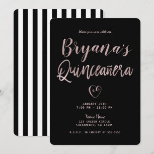 Black & White Stripes Rose Gold 15 Quinceañera   Invitation