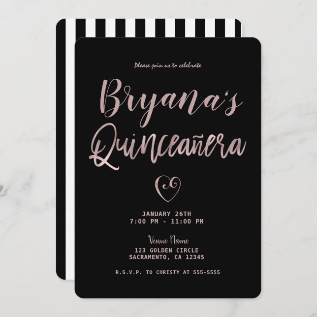Black & White Stripes Rose Gold 15 Quinceañera   Invitation (Front/Back)