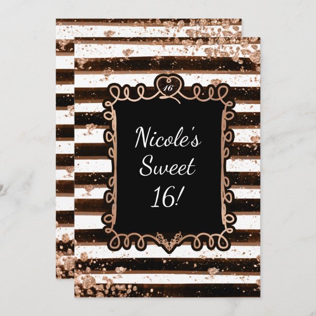 Black & White Stripes Rose Gold Flakes Invitation (Front/Back)