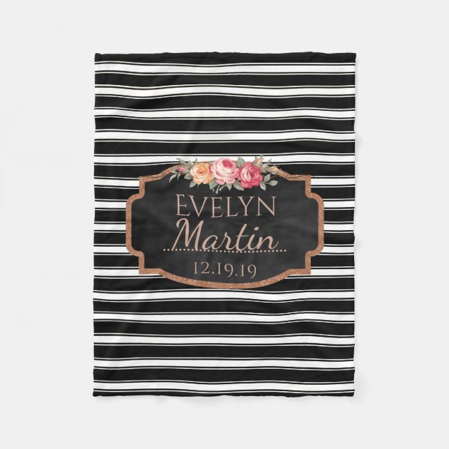 Black White Stripes Rose Gold | Monogrammed Floral Fleece Blanket (Front)