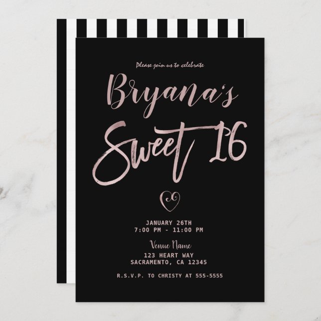 Black White Stripes Rose Gold Pink Chic Sweet 16   Invitation (Front/Back)