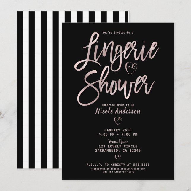 Black White Stripes Rose Gold Pink Lingerie Shower Invitation (Front/Back)