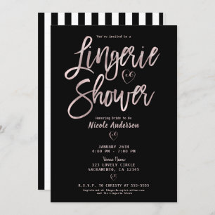 Black White Stripes Rose Gold Pink Lingerie Shower Invitation