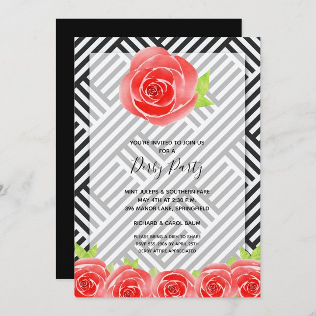 Black White Stripes Roses Derby Horse Party Invite (Front/Back)