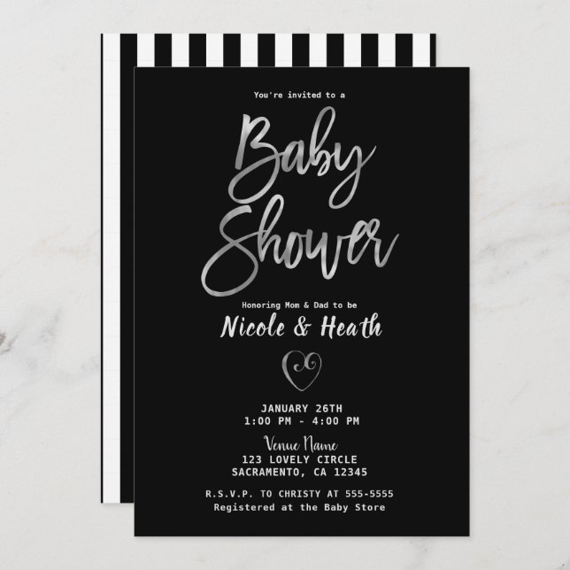Black White Stripes Silver Chic Baby Shower    Invitation (Front/Back)