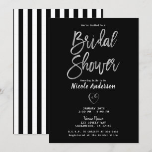 Black White Stripes Silver Chic Bridal Shower   Invitation