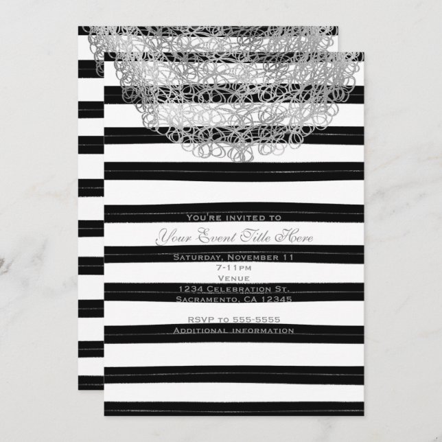 Black & White Stripes & Silver Circle Invitations (Front/Back)