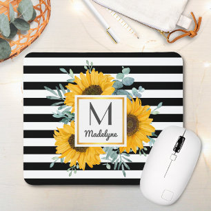 Black White Stripes Sunflower Monogram Mouse Pad