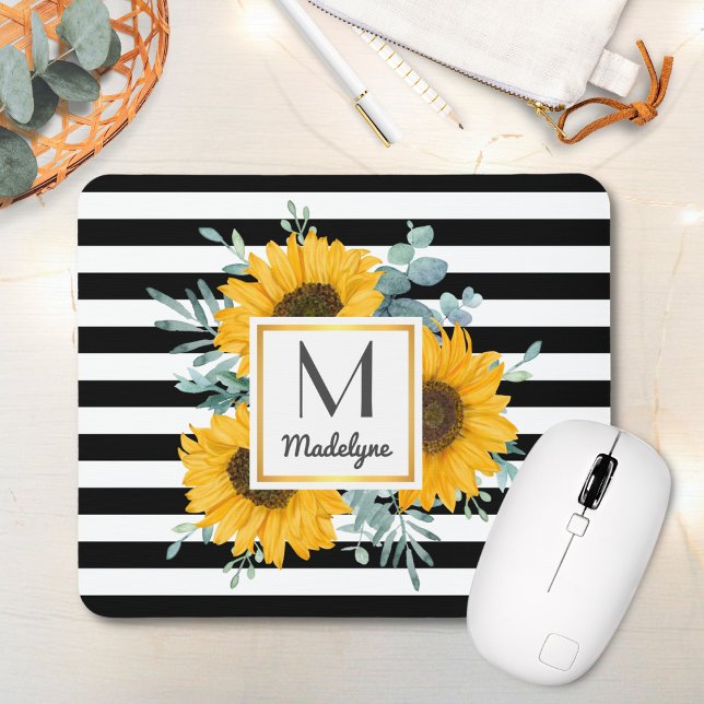 Black White Stripes Sunflower Monogram Mouse Pad (Creator Uploaded)