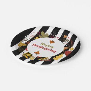 Black & White Stripes Thanksgiving Wreath Paper Plate