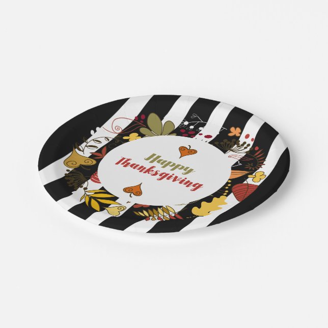 Black & White Stripes Thanksgiving Wreath Paper Plate (Angled)