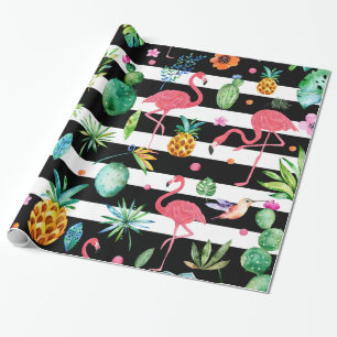 Black & White Stripes Tropical Flowers & Birds Wrapping Paper