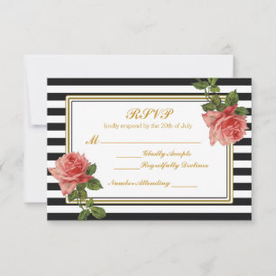 Black & White Stripes Vintage Pink Rose RSVP Card