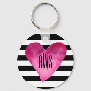 Black + White Stripes Watercolor Heart Monogram Key Ring