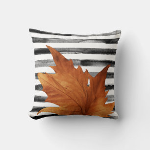 Black white Stripes Watercolor Leaf Rustic Fall Cushion